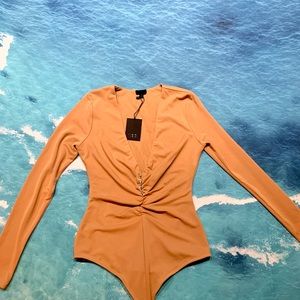 NWT NBD Orange Ruched Crystal Bodysuit